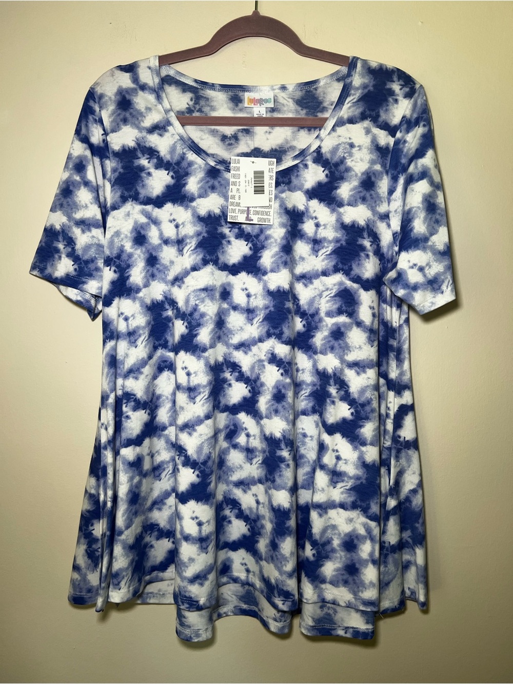 LuLaRoe Perfect T Blue and White Tie-Dye Short Sleeve Swing Top